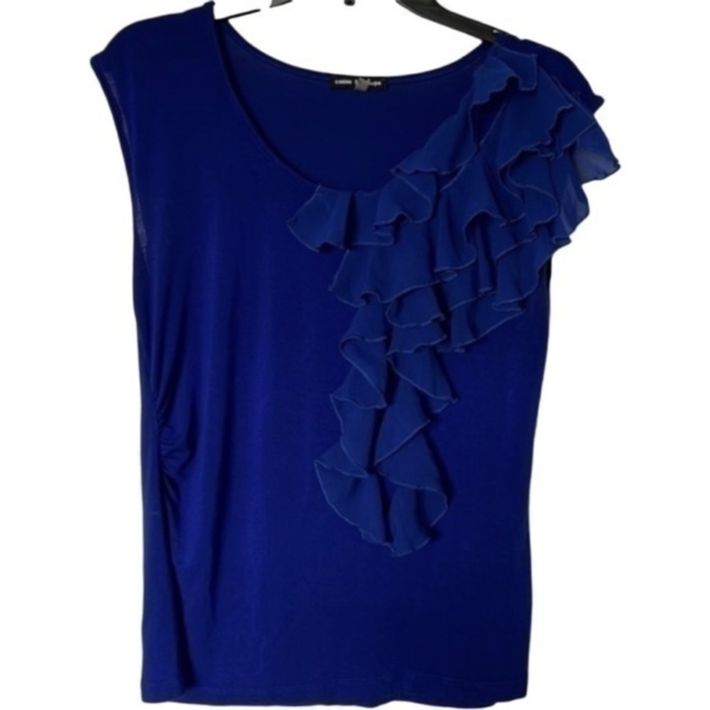Cable&gauge royal blue one sided ruffled top soft T-shirt material. Size large.
